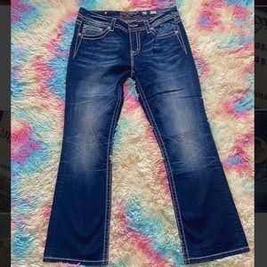 Miss me plus size 33 mid rise boot cut golden rhinestone and embroidery pockets